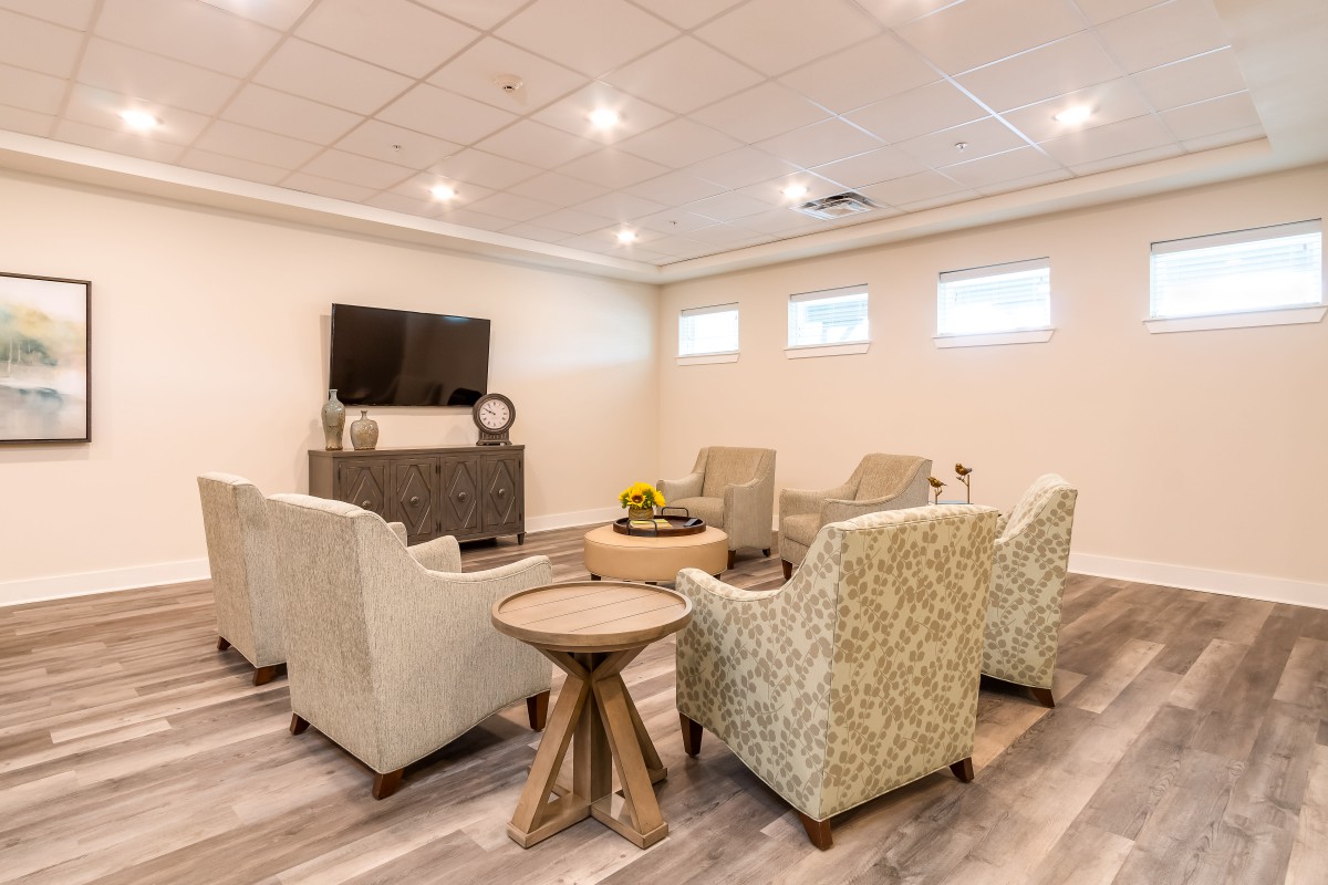 A modern living room with comfortable seating, a television, and stylish decor.