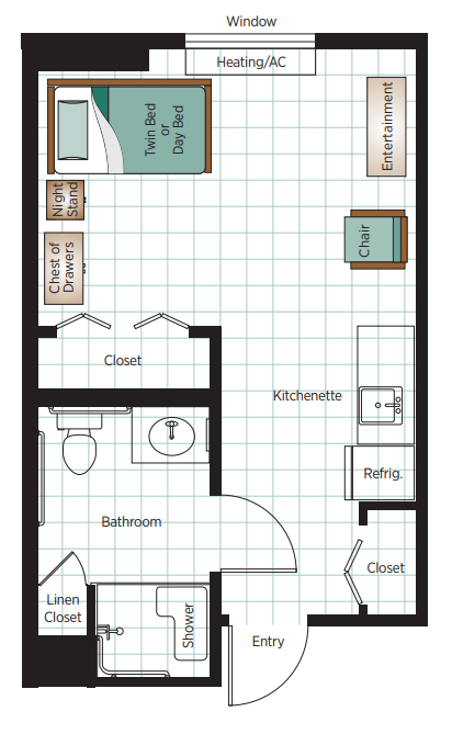 A floor plan showing a one-bedroom apartment layout with labeled rooms including a kitchen, bathroom, closet, and living area.