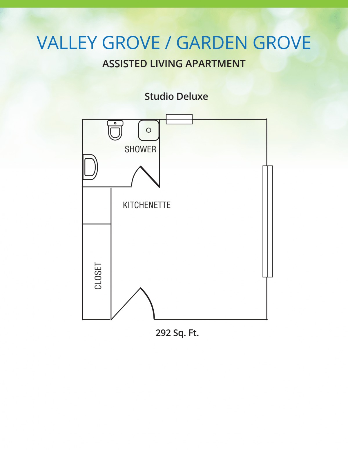 Floor plan of an assisted living studio apartment with a kitchenette and bathroom.