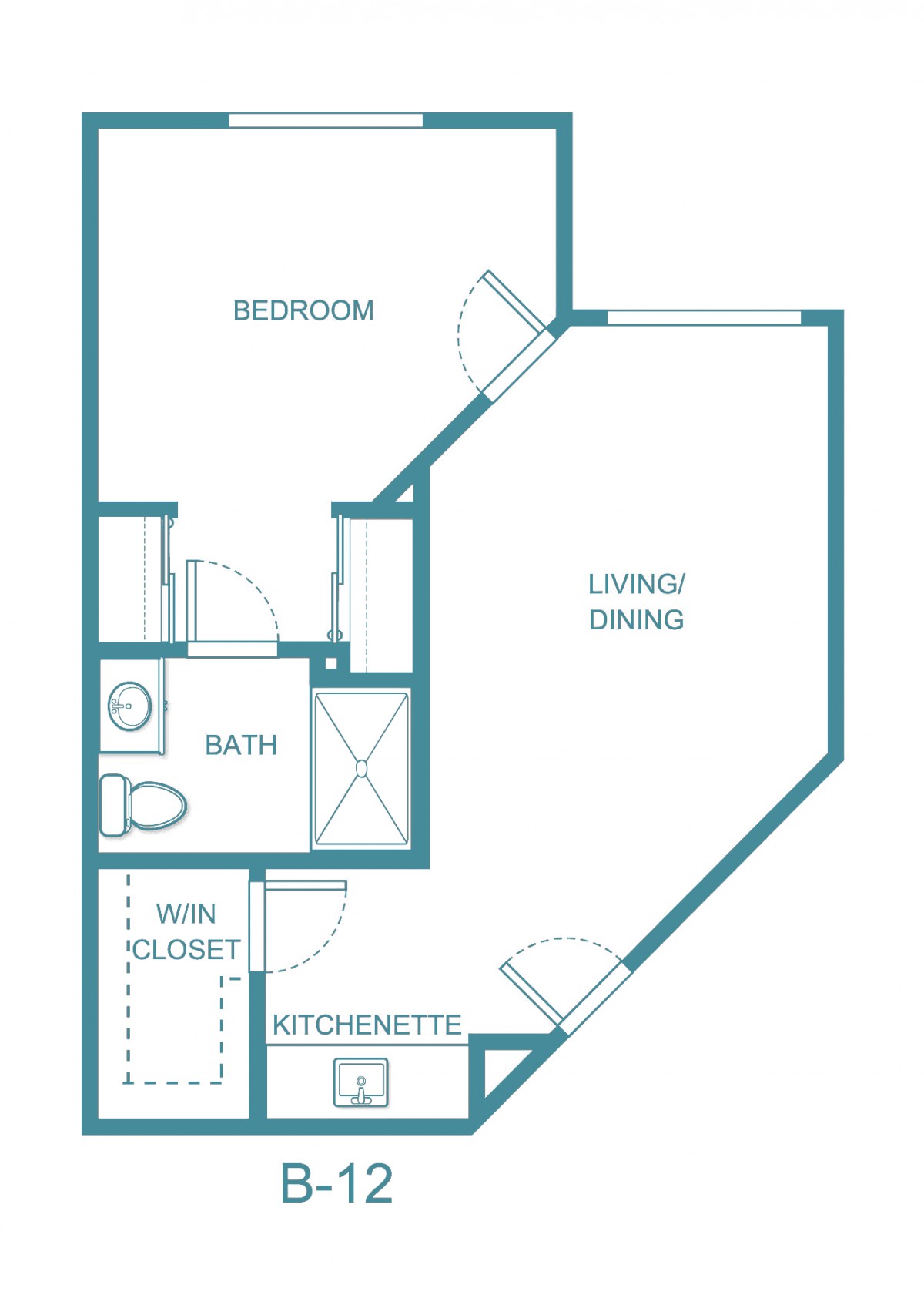 A floor plan of a one-bedroom apartment with a bathroom, kitchenette, and living/dining area.