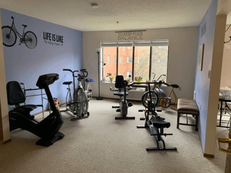 A bright indoor exercise room equipped with stationary bikes and a treadmill.