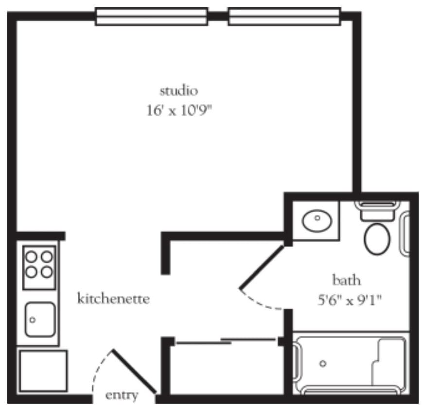 A compact studio apartment floor plan featuring a main living area, kitchenette, and bathroom.
