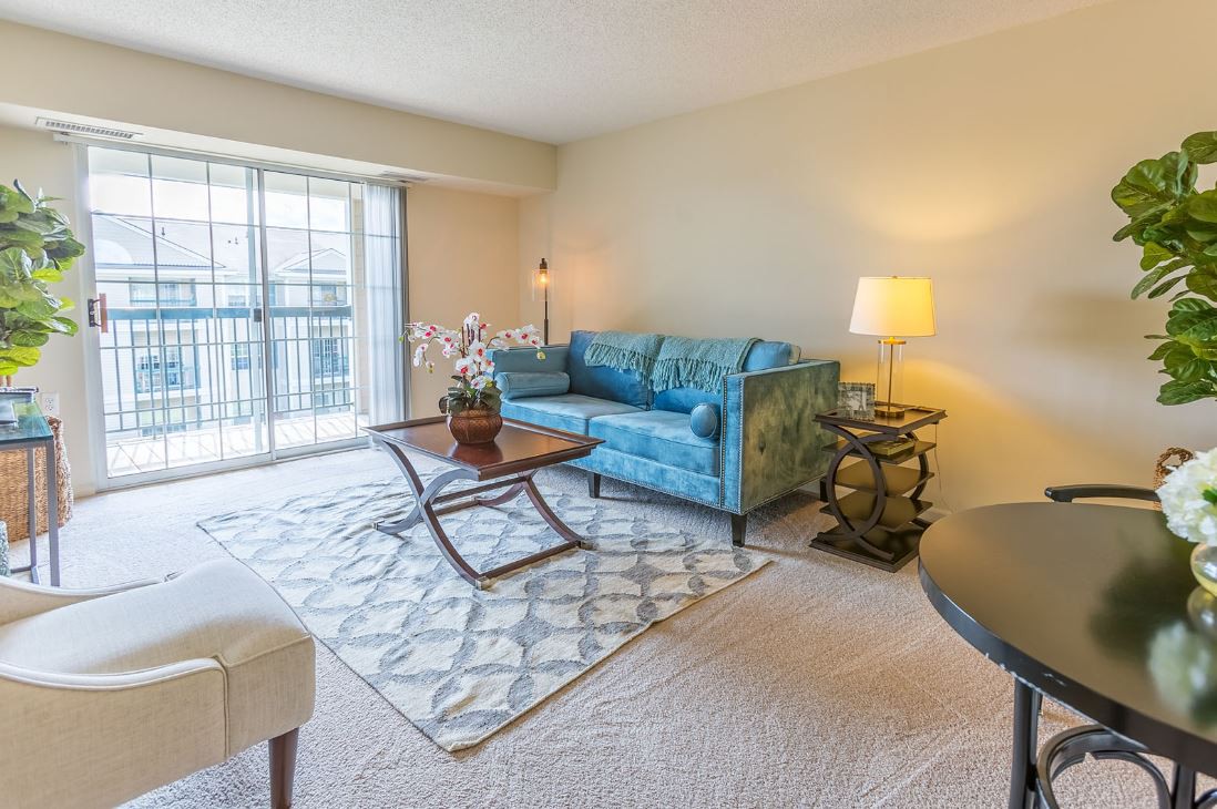 A bright and inviting living room featuring a blue sofa, stylish coffee table, and large windows.