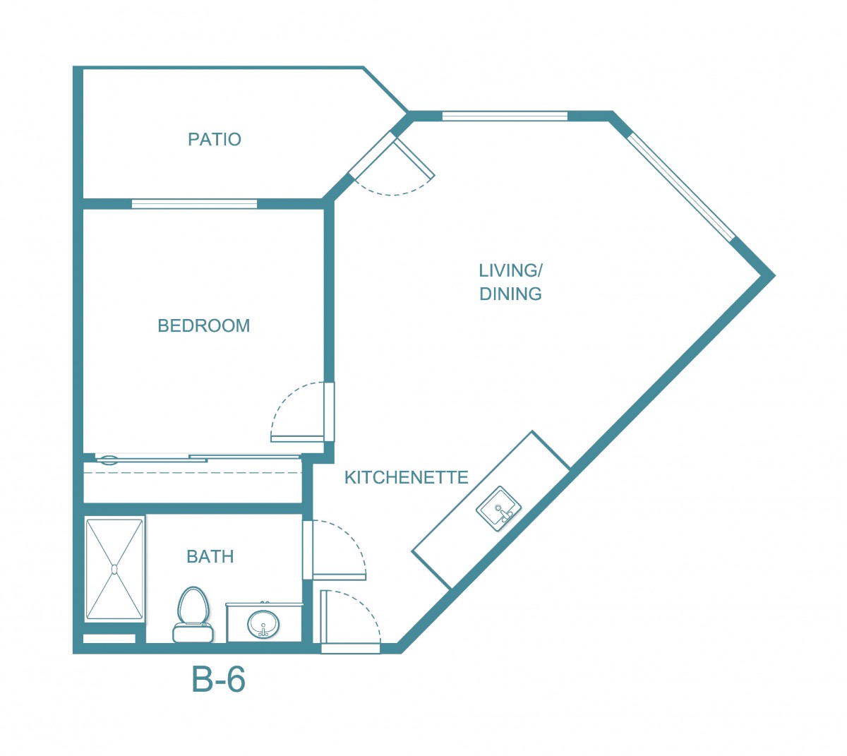 Blueprint of a one-bedroom apartment with a patio, kitchenette, and bathroom.