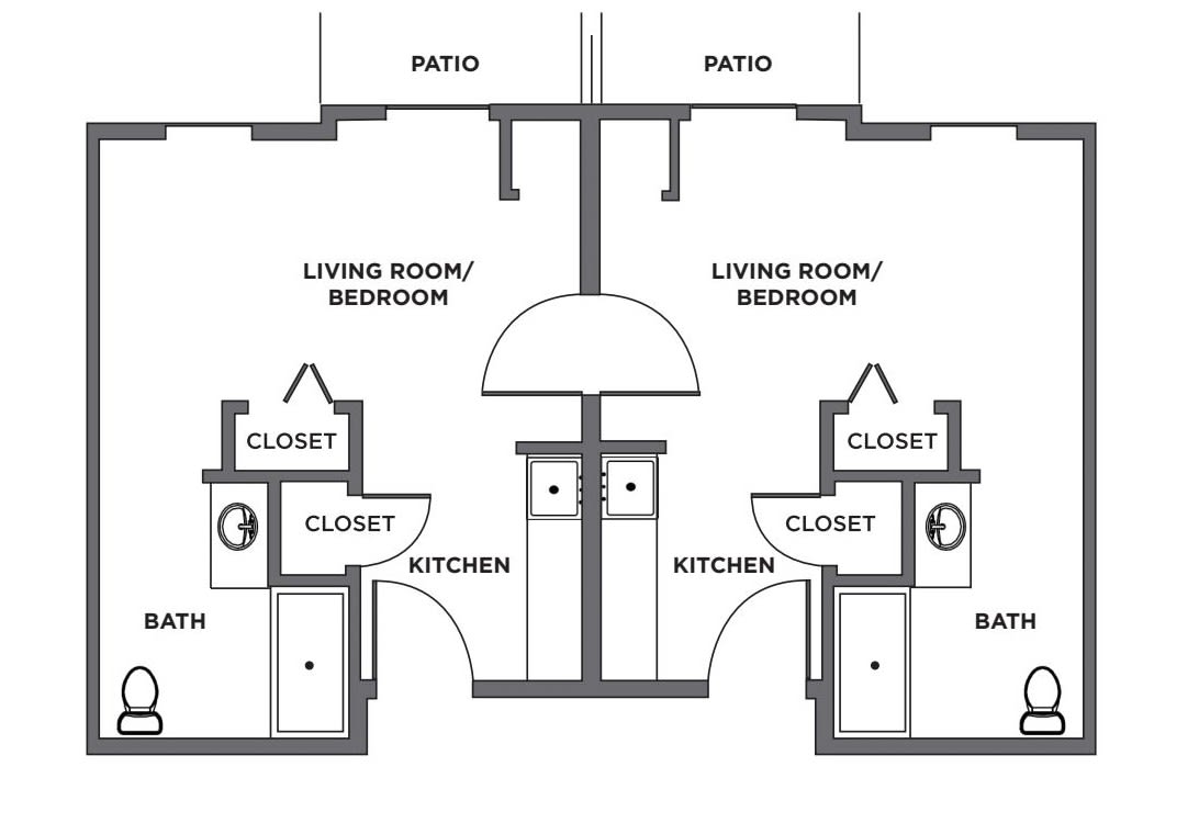 Blueprint of a studio apartment layout featuring a living room/bedroom, kitchen, bathroom, and patio.