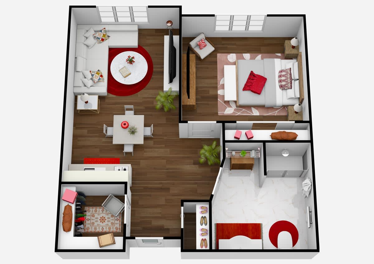 A modern apartment floor plan featuring a spacious living room, bedroom, kitchen, and bathroom with stylish decor.