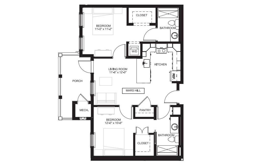 A detailed floor plan of an apartment, showing the layout of rooms and spaces.