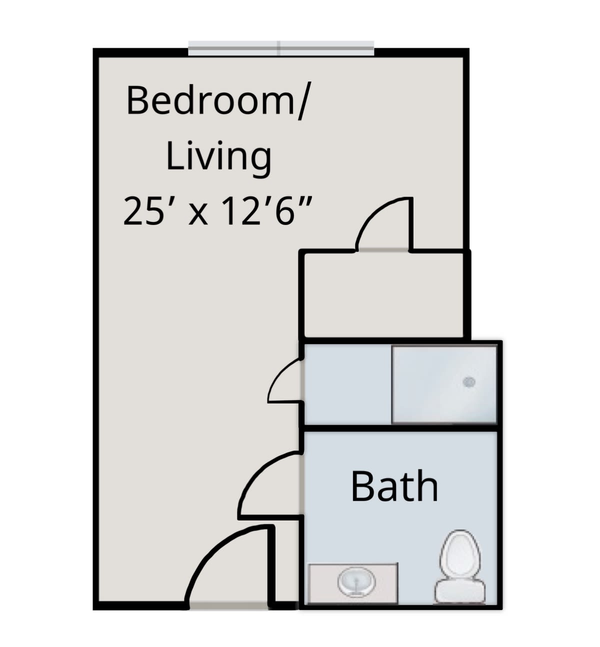 Studio apartment floor plan with a combined bedroom/living area and a bathroom.