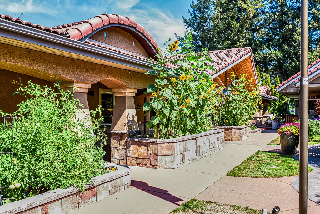 A picturesque building with lush greenery and well-maintained landscaping under a bright blue sky.