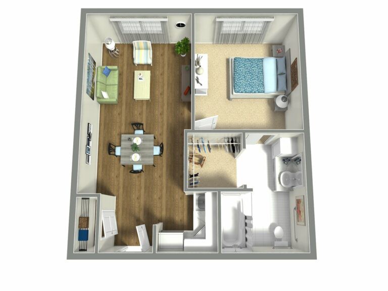 3D floor plan of a one-bedroom apartment showing the layout of the living room, kitchen, bathroom, and bedroom.