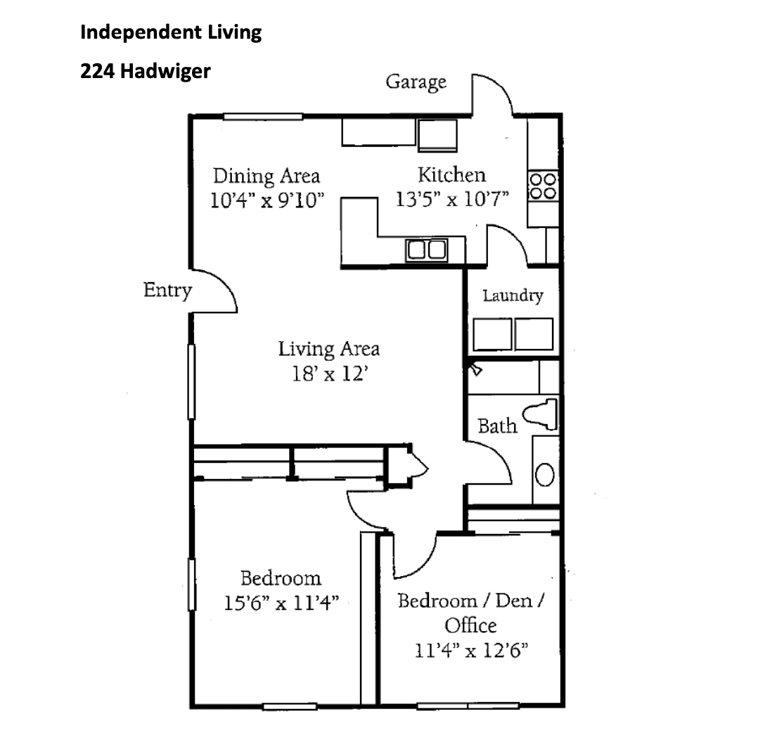 A detailed floor plan of an independent living apartment at 124 Naderger, featuring a kitchen, dining area, living area, two bedrooms (or one bedroom and a den/office), a bathroom, laundry room, garage, and patio.