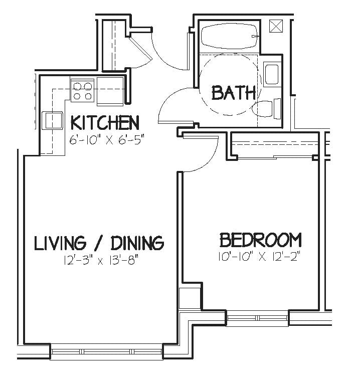 A one-bedroom apartment floor plan featuring a kitchen, bathroom, and combined living and dining area.