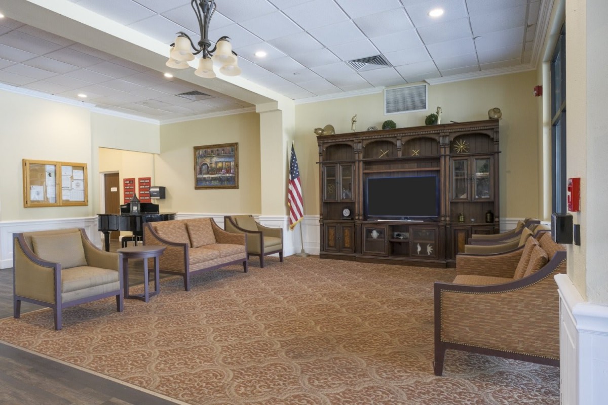 A spacious living room with comfortable seating, a large television, and elegant decor.