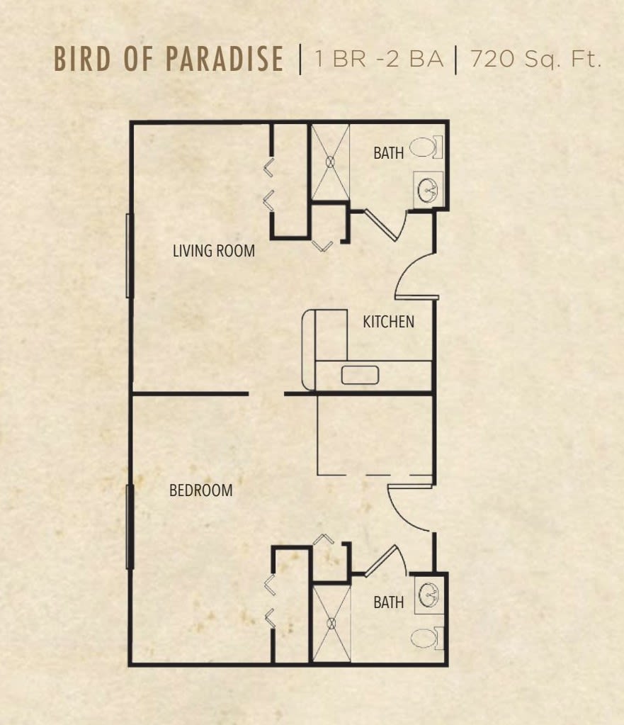 Floor plan of a 'Bird of Paradise' apartment featuring 1 bedroom and 3 bathrooms with a total area of 725 sq. ft.
