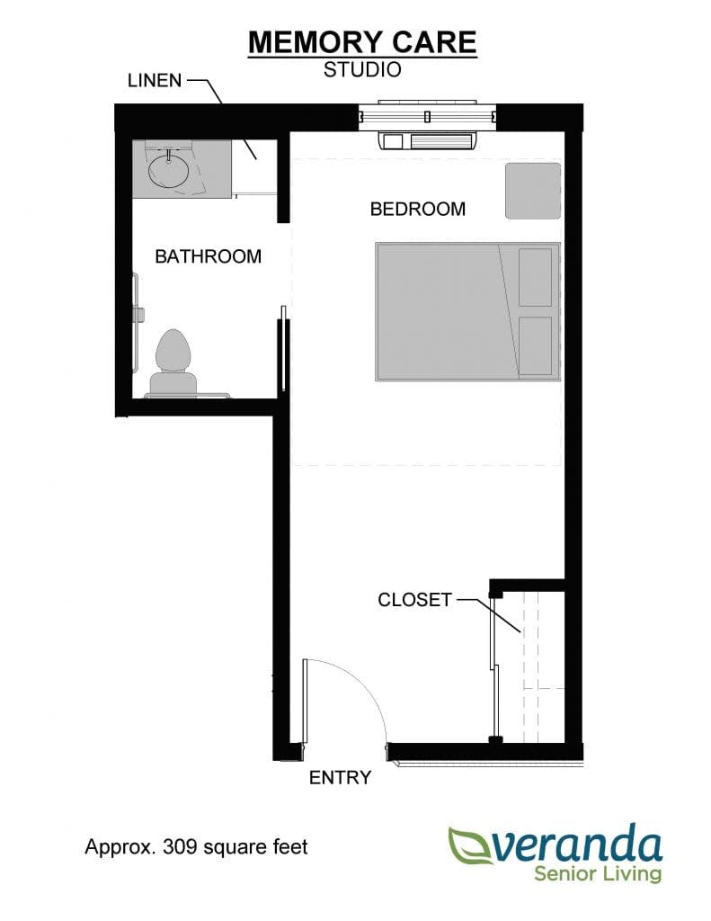 A simple floor plan of an apartment featuring a bedroom, bathroom, closet, and entry area.
