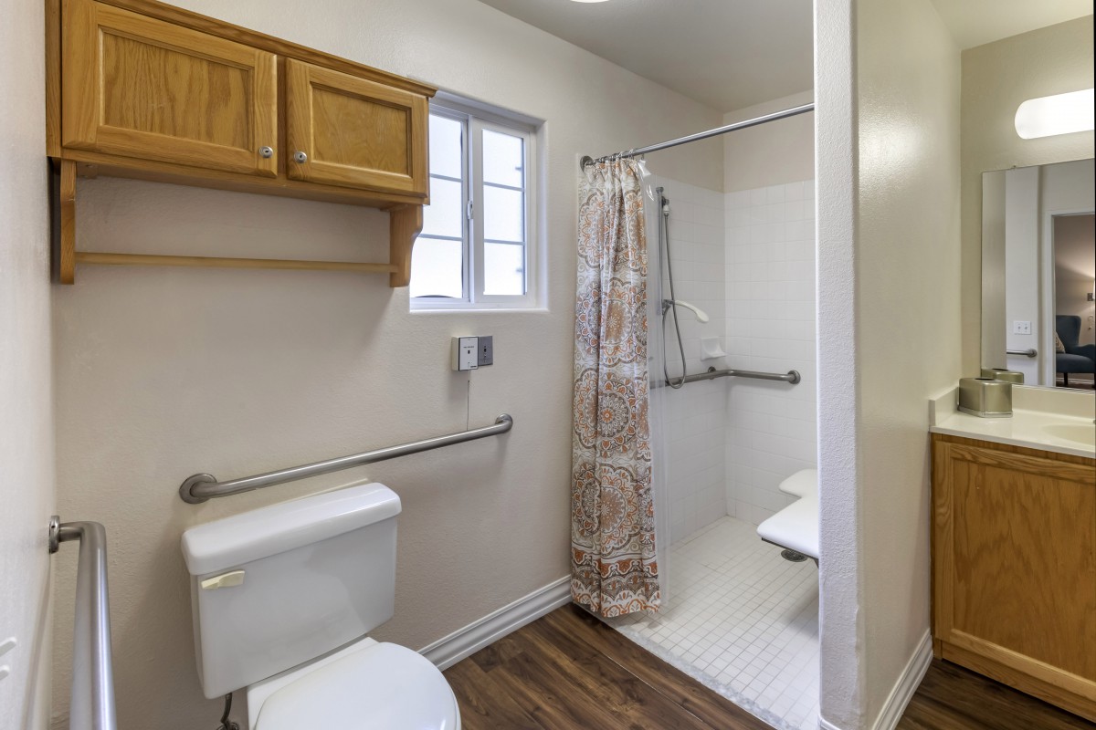 A bathroom featuring a shower with grab bars, a toilet, and a wooden cabinet with a window above.