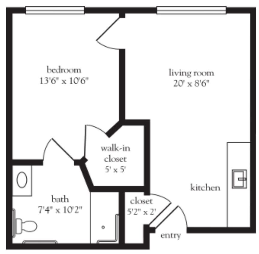 A floor plan of a one-bedroom apartment showing dimensions for each room.