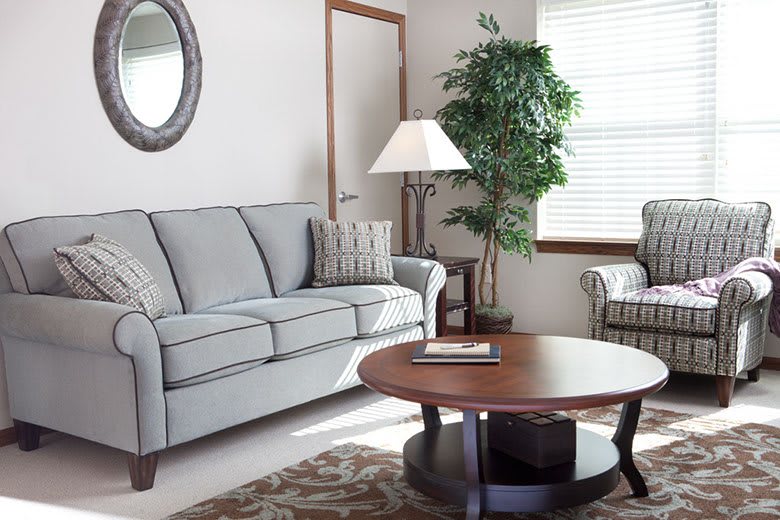 A cozy living room with a sofa, armchair, coffee table, and decorative items.
