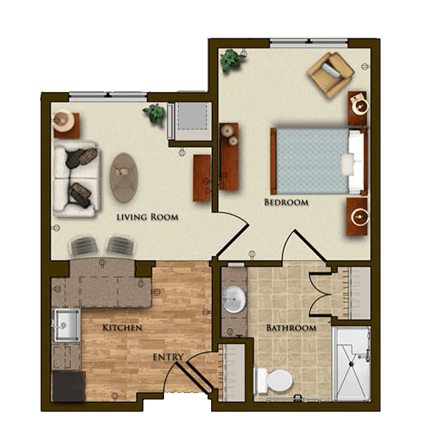 A floor plan of a one-bedroom apartment featuring a living room, kitchen, and bathroom.