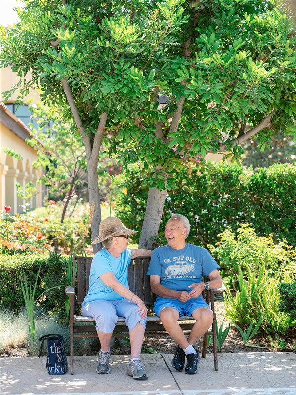 An elderly couple sits on a bench in a garden, enjoying a sunny day and having a conversation.