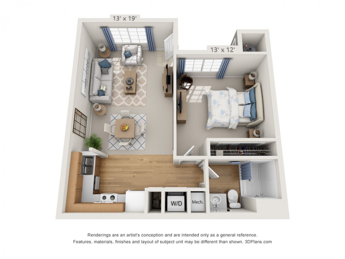 A detailed floor plan of a one-bedroom apartment featuring a living room, kitchen, bathroom, and bedroom.