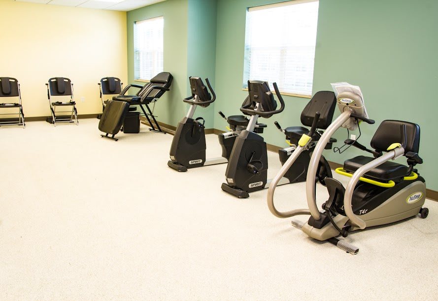 A clean and bright gym room with several exercise bicycles lined up.
