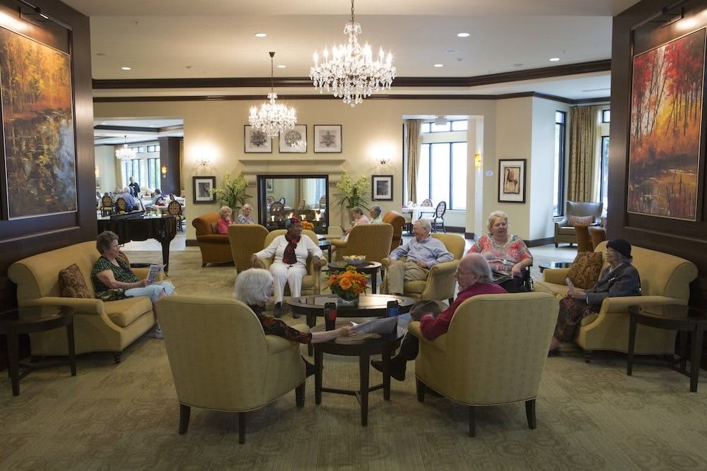 A group of seniors relaxing and conversing in a well-furnished living room.