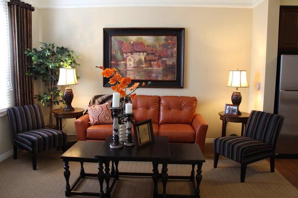 A cozy living room with a warm-toned sofa, elegant coffee table, and complementary artwork.
