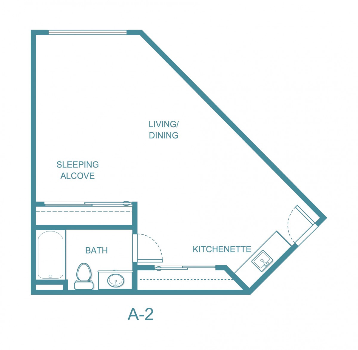 A floor plan for a studio apartment featuring a sleeping alcove, living area, kitchenette, and bathroom.