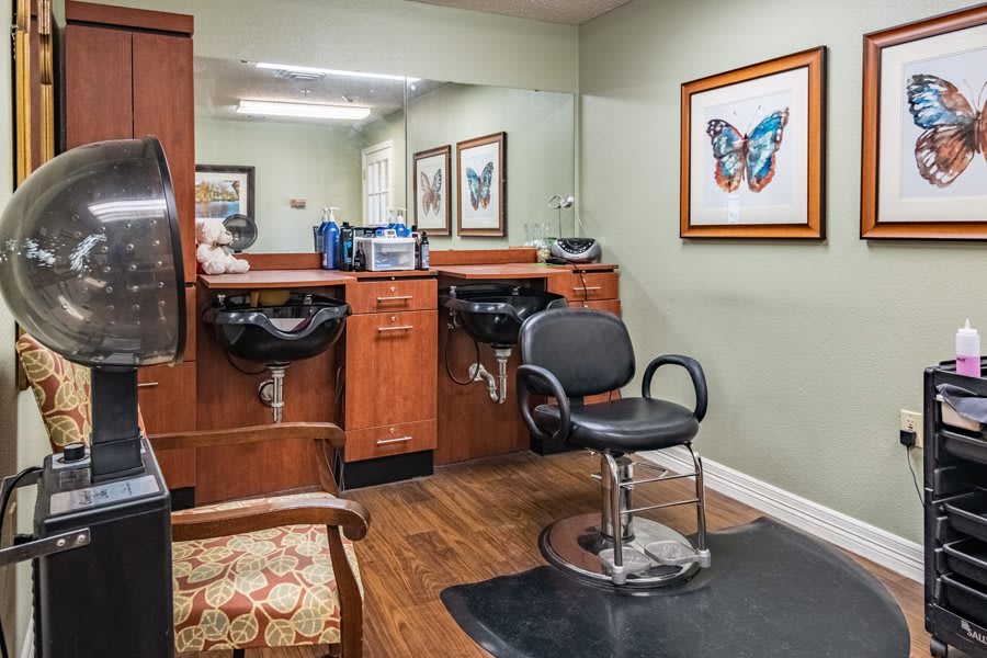 A cozy hair salon interior with chairs, sinks, and butterfly artwork on the walls.