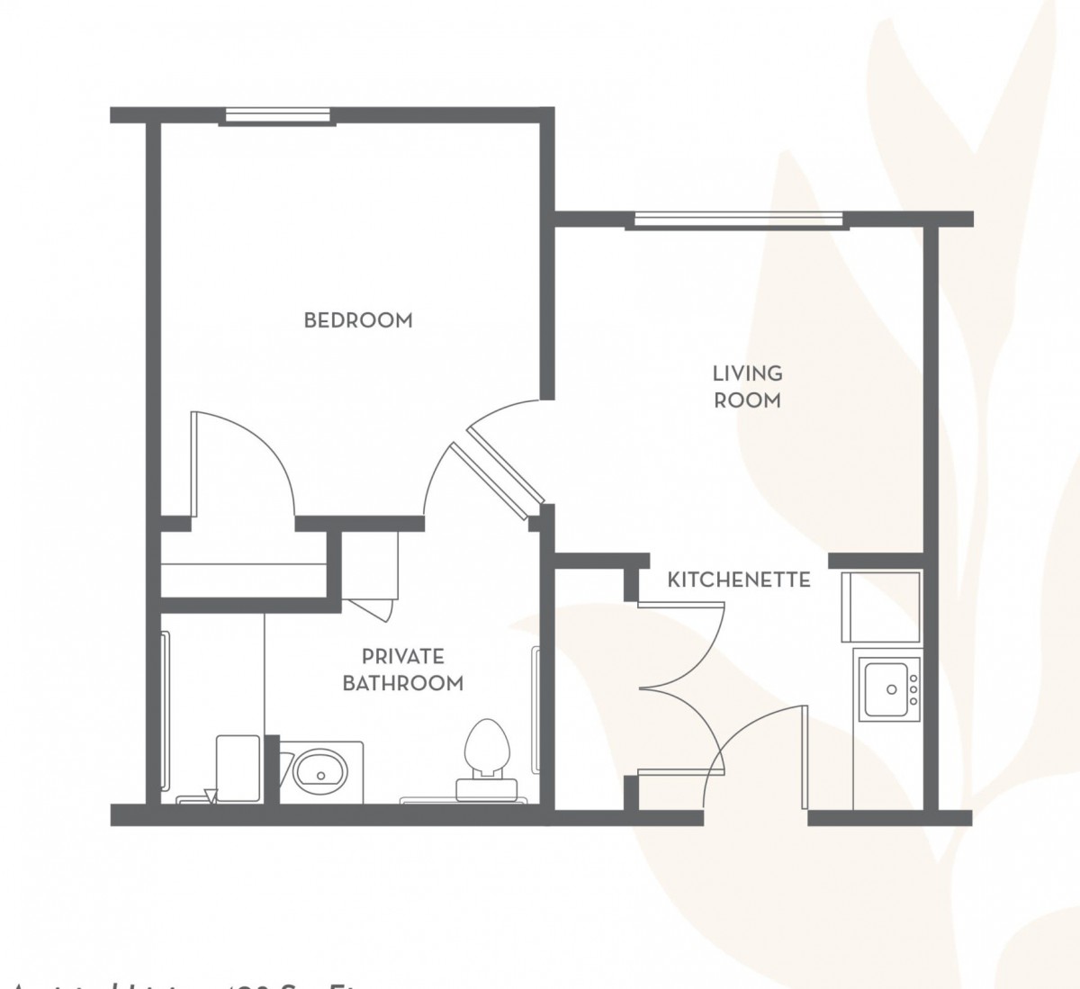 A simple floor plan of a one-bedroom apartment including a private bathroom, kitchen, and living room.