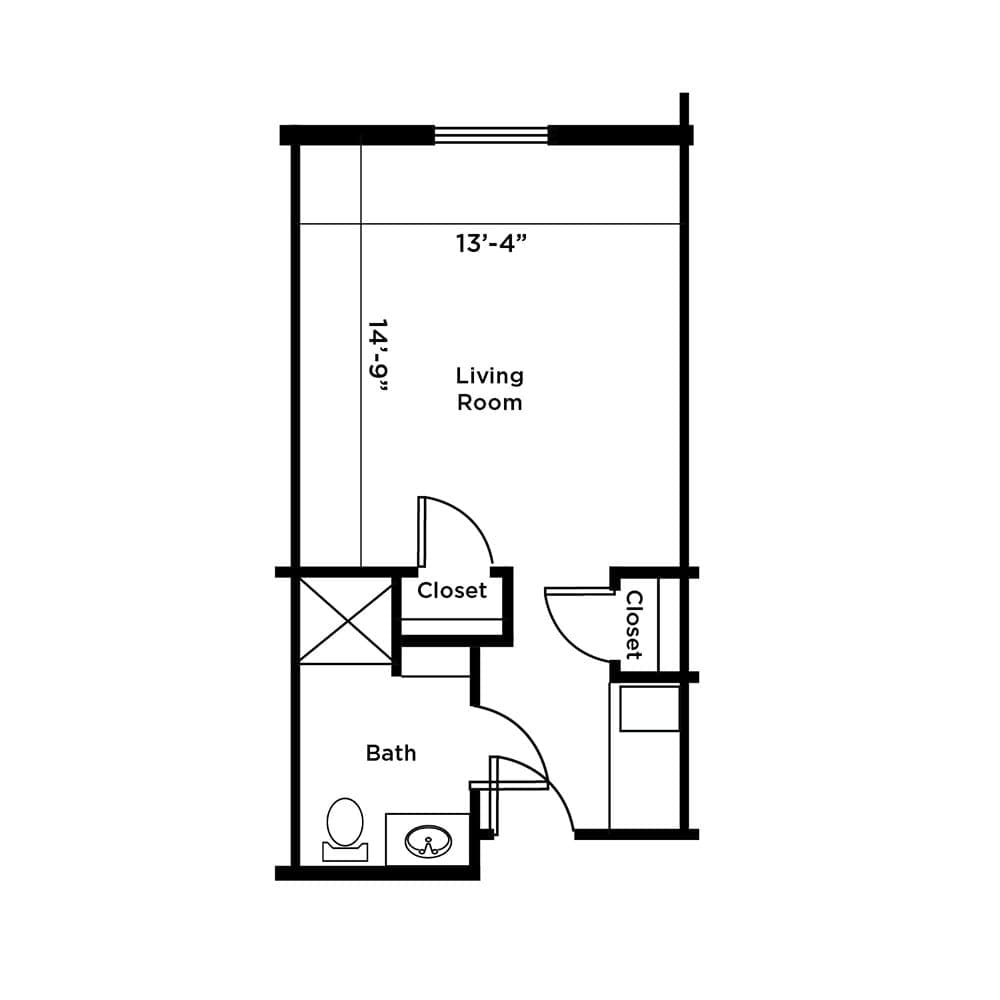 A simple floor plan of a small apartment with a living room and bathroom.