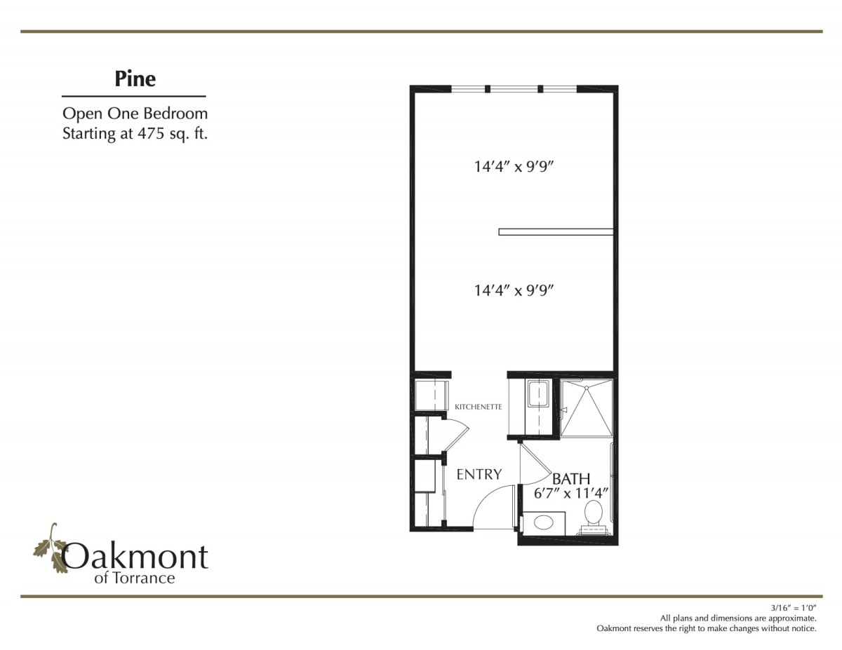 Floor plan of a one-bedroom apartment with dimensions and layout.