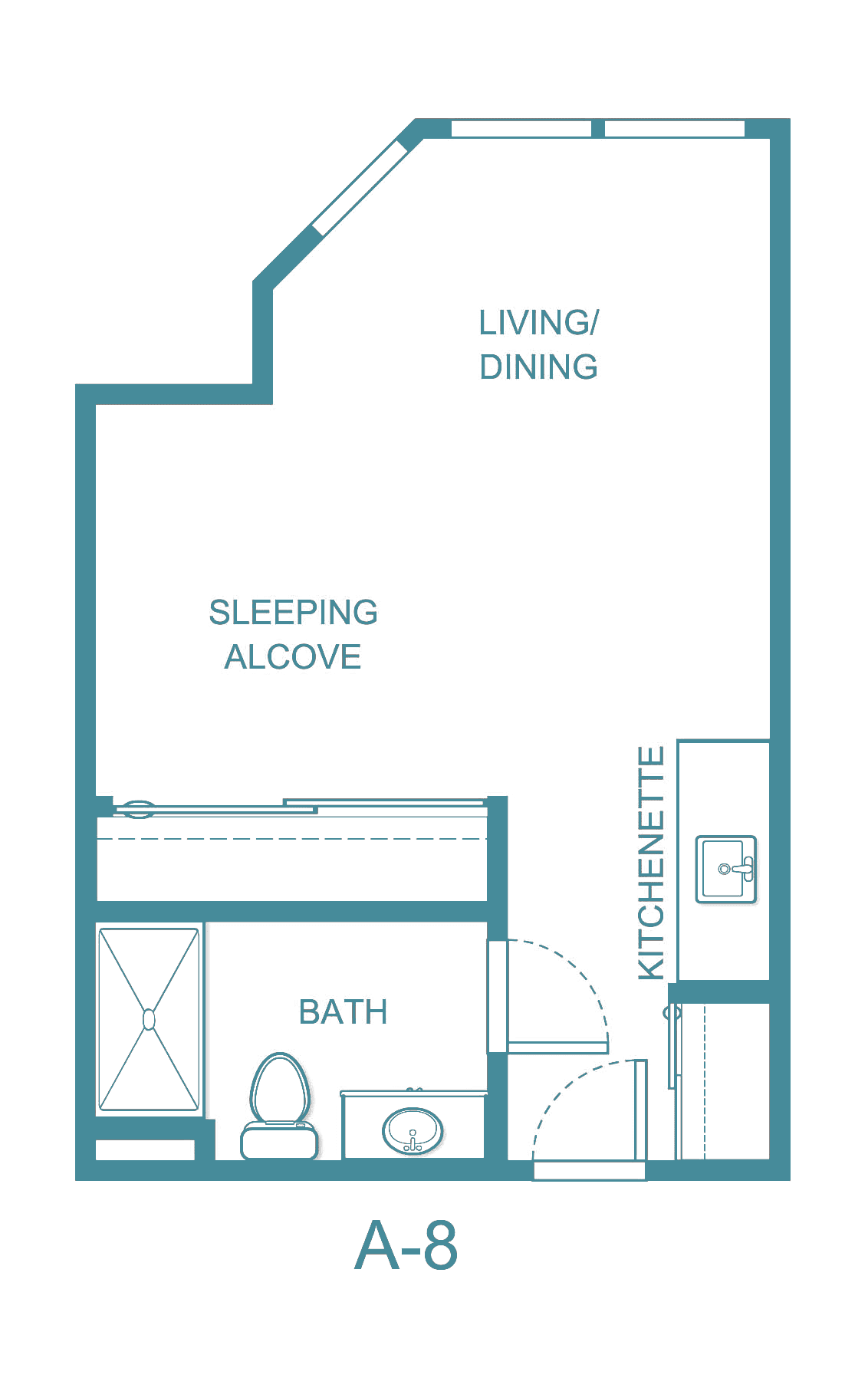 Studio apartment floor plan with living/dining area, a sleeping alcove, bathroom, and kitchenette.