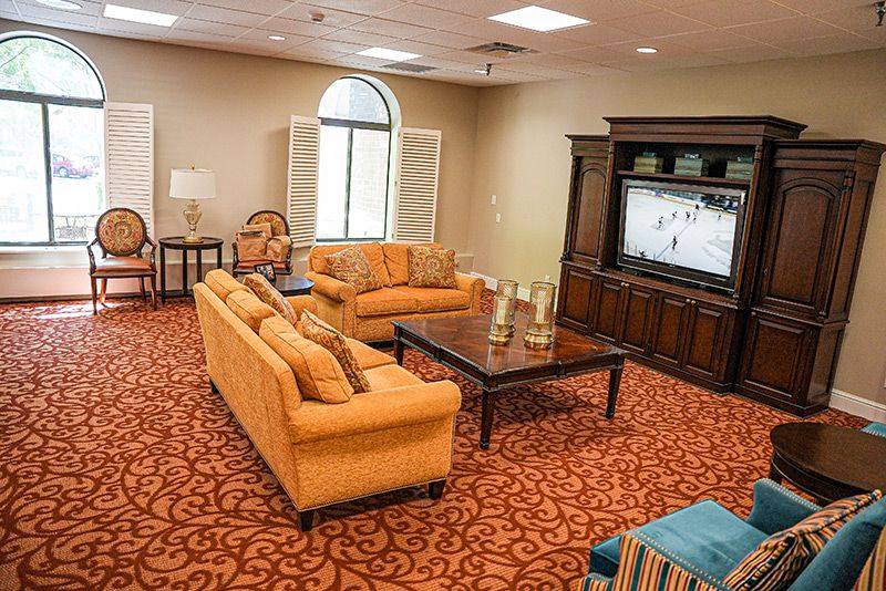 A cozy living room with sofas, a TV, and a coffee table on a patterned carpet.