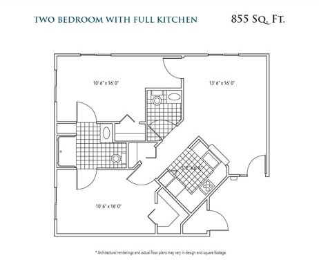 Floor plan of an 855 sq ft, two-bedroom apartment with a full kitchen.