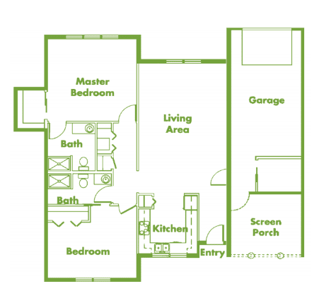 Floor plan of a house with two bedrooms, two bathrooms, living area, kitchen, garage, and screened porch.
