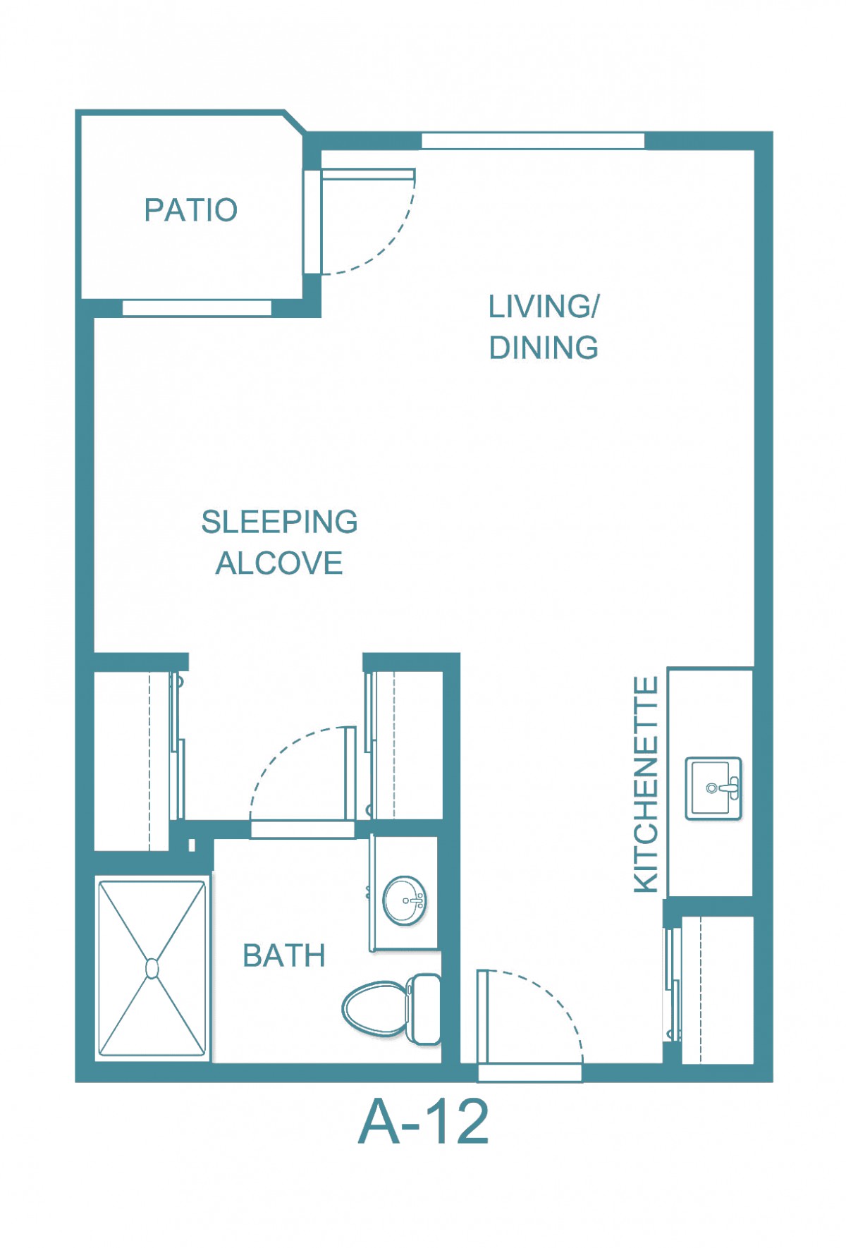 Studio apartment floor plan with a patio, sleeping alcove, bath, kitchenette, and living/dining area.