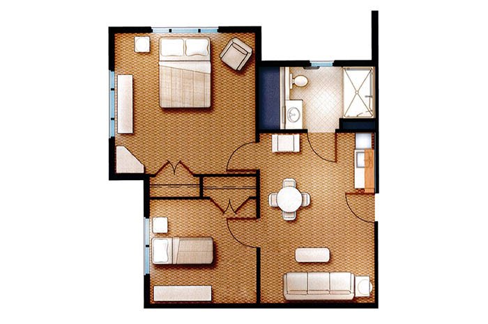 A floor plan of a two-bedroom apartment with a living room, kitchen area, and bathroom.