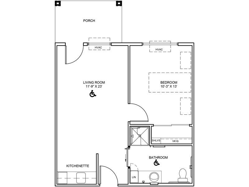 A detailed floor plan of an apartment, featuring a living room, bedroom, bathroom, kitchen area, and balcony.