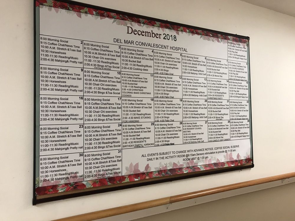 A hospital calendar board displaying the event schedule for December 2019.