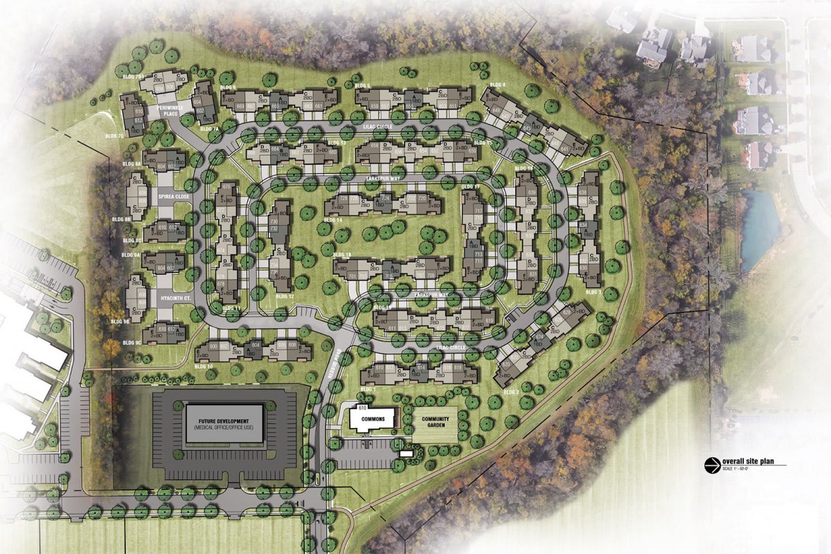 A detailed site plan of a residential development surrounded by greenery and natural landscape features.