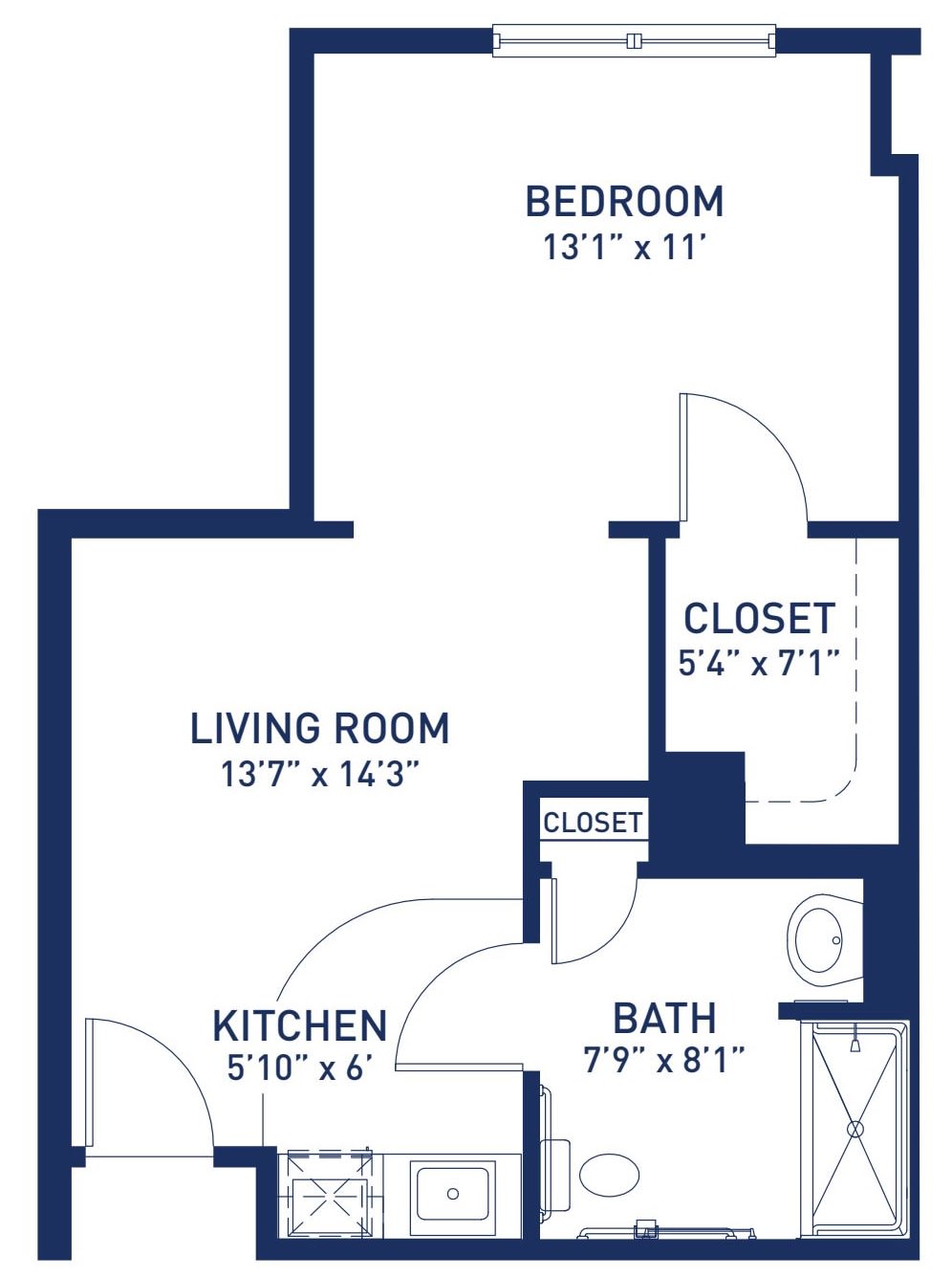 A floor plan of a one-bedroom apartment showing dimensions and room arrangements.