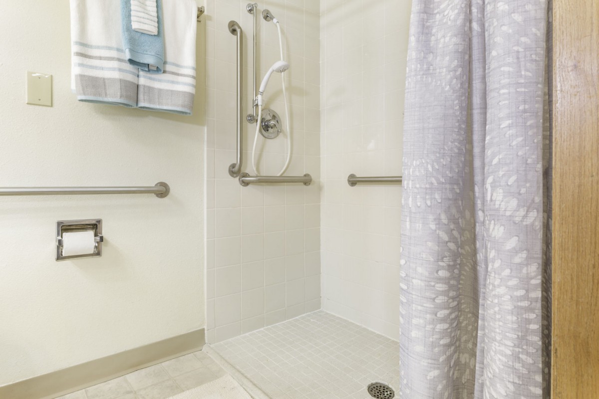 A bathroom with an accessible shower, equipped with grab bars and a curtain.