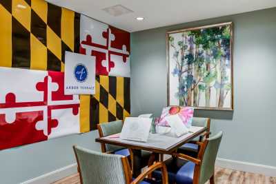 A cozy room interior featuring a Maryland flag decoration and seating area with a table and chairs.