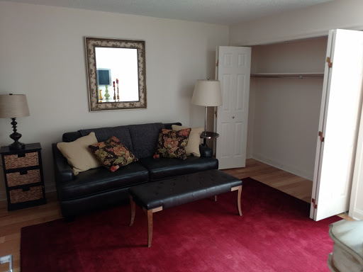A cozy living room setup featuring a black sofa, decorative pillows, a coffee table, and a lamp.