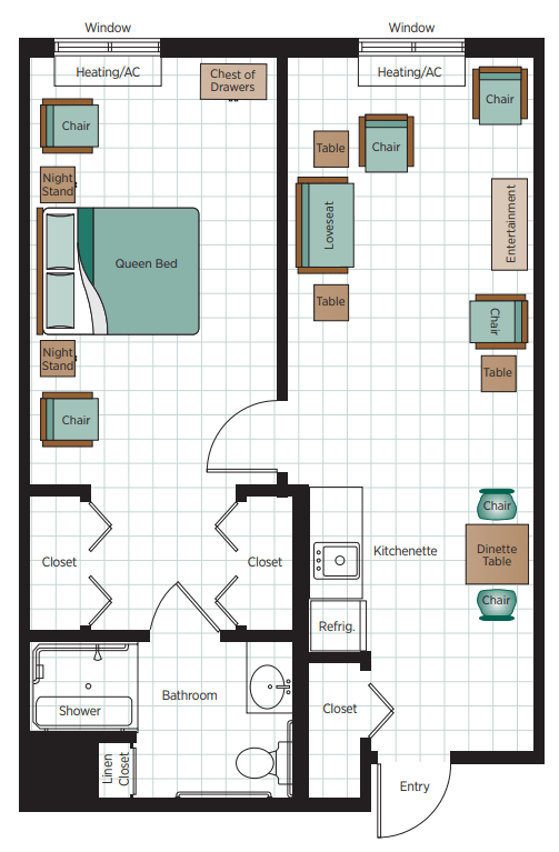 A floor plan layout of an apartment with distinct areas for the bedroom, living room, kitchen, and bathroom.