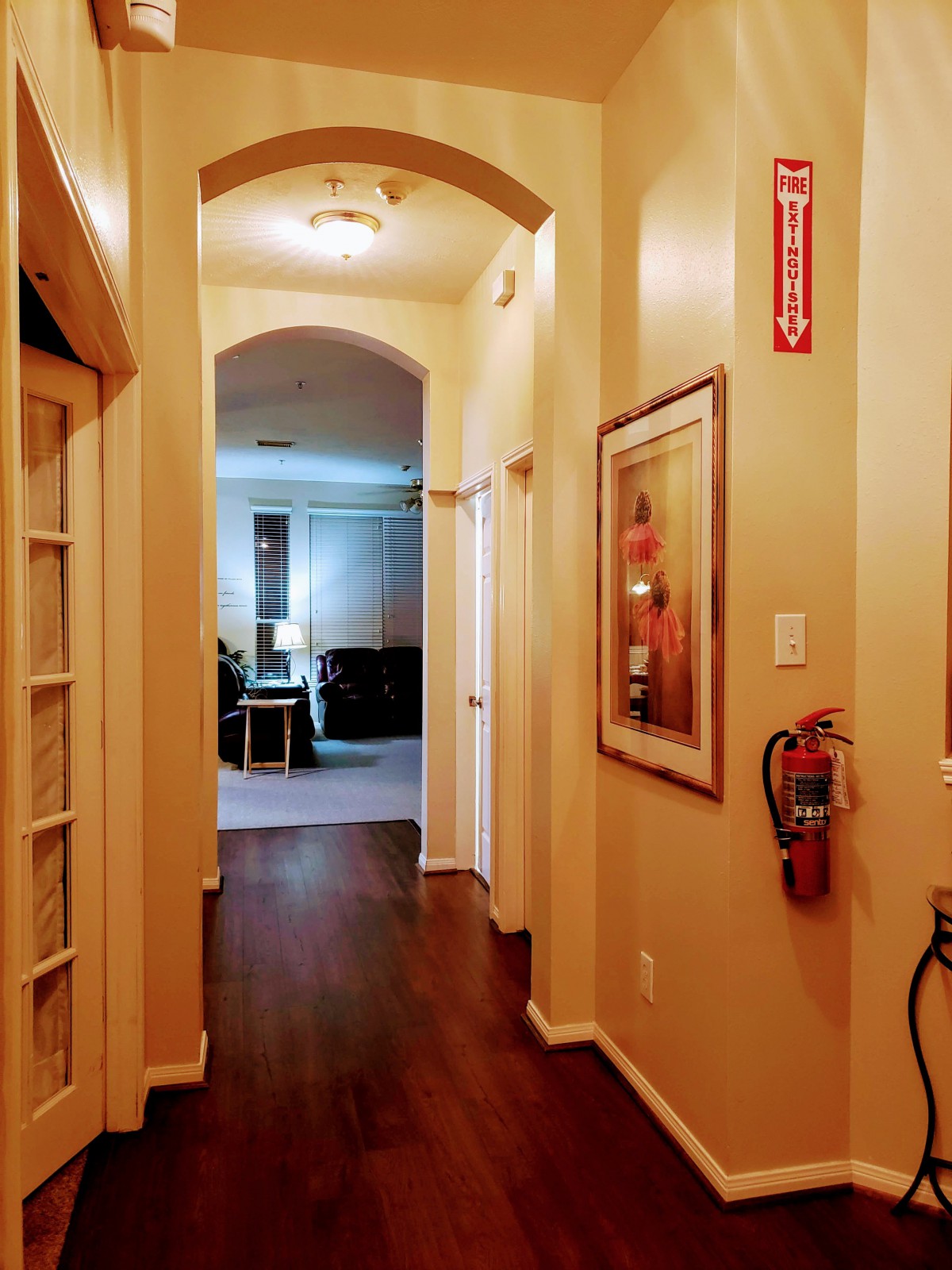 A cozy hallway with wooden flooring, decorated with artwork and equipped with a fire extinguisher.