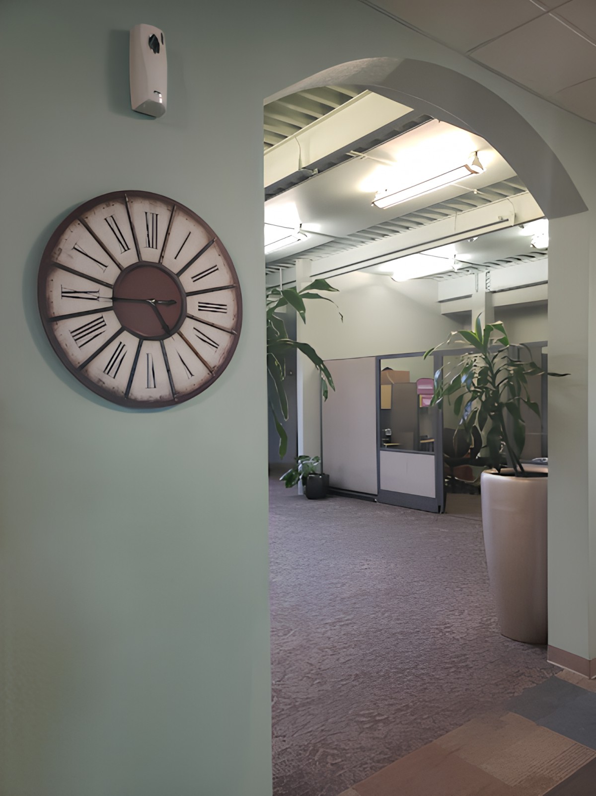 A modern office interior featuring a large wall clock, cubicles, and indoor plants.