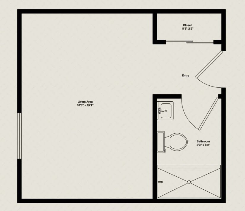 A simple room layout with an adjoining bathroom and closet space.